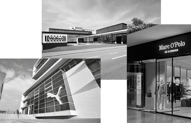 collage of three pictures showing headquarters and shops of brands