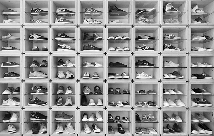 Different shoes displayed in a shoe shop