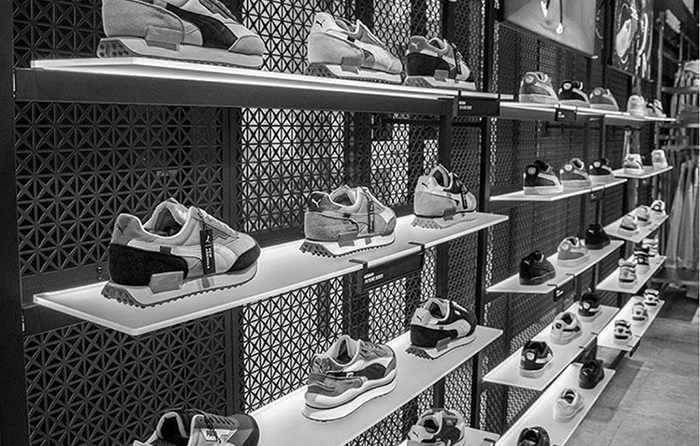 shoes on shelves in a shop